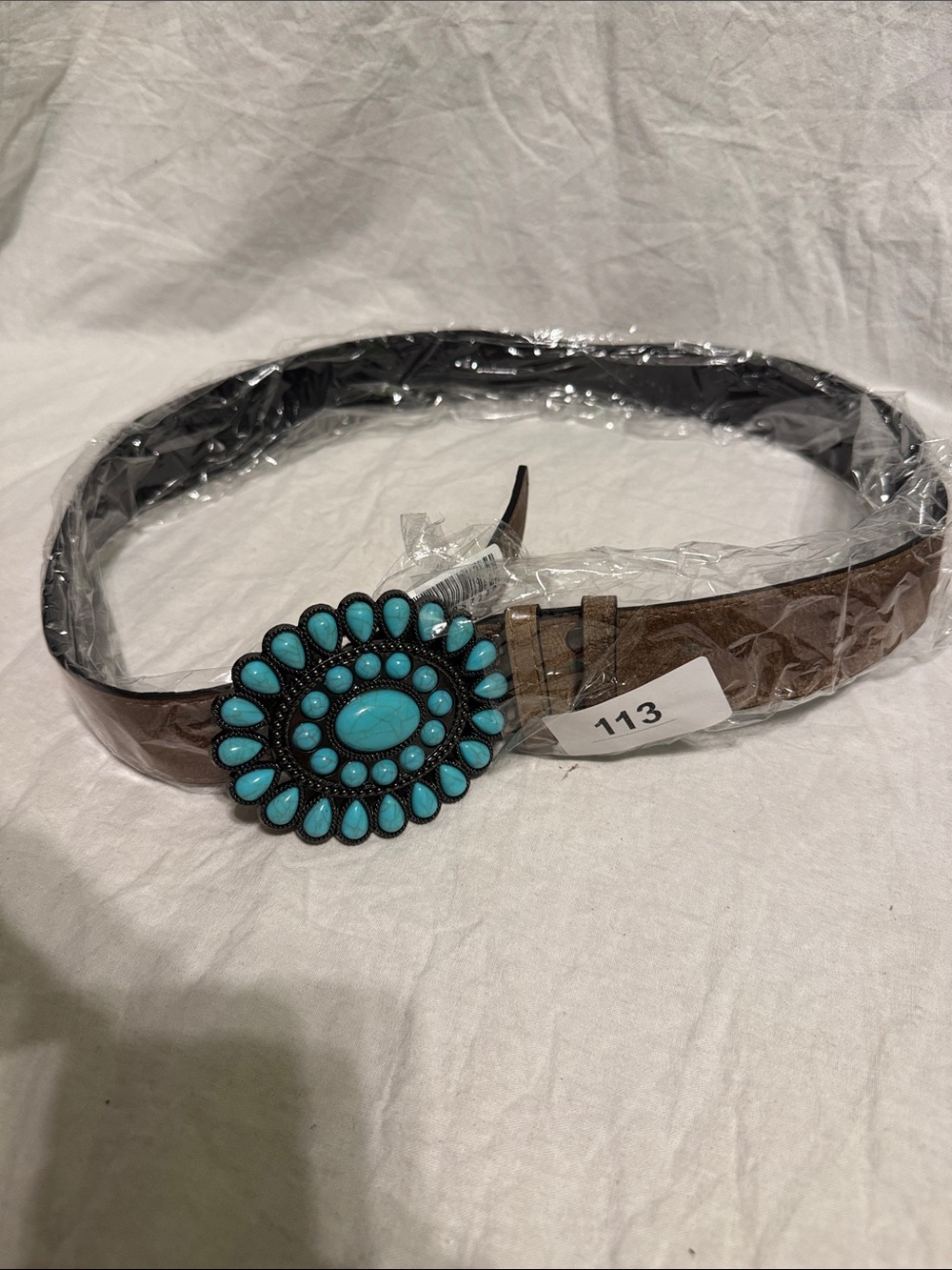 Brown Leather Belt with Turquoise Concho Buckle